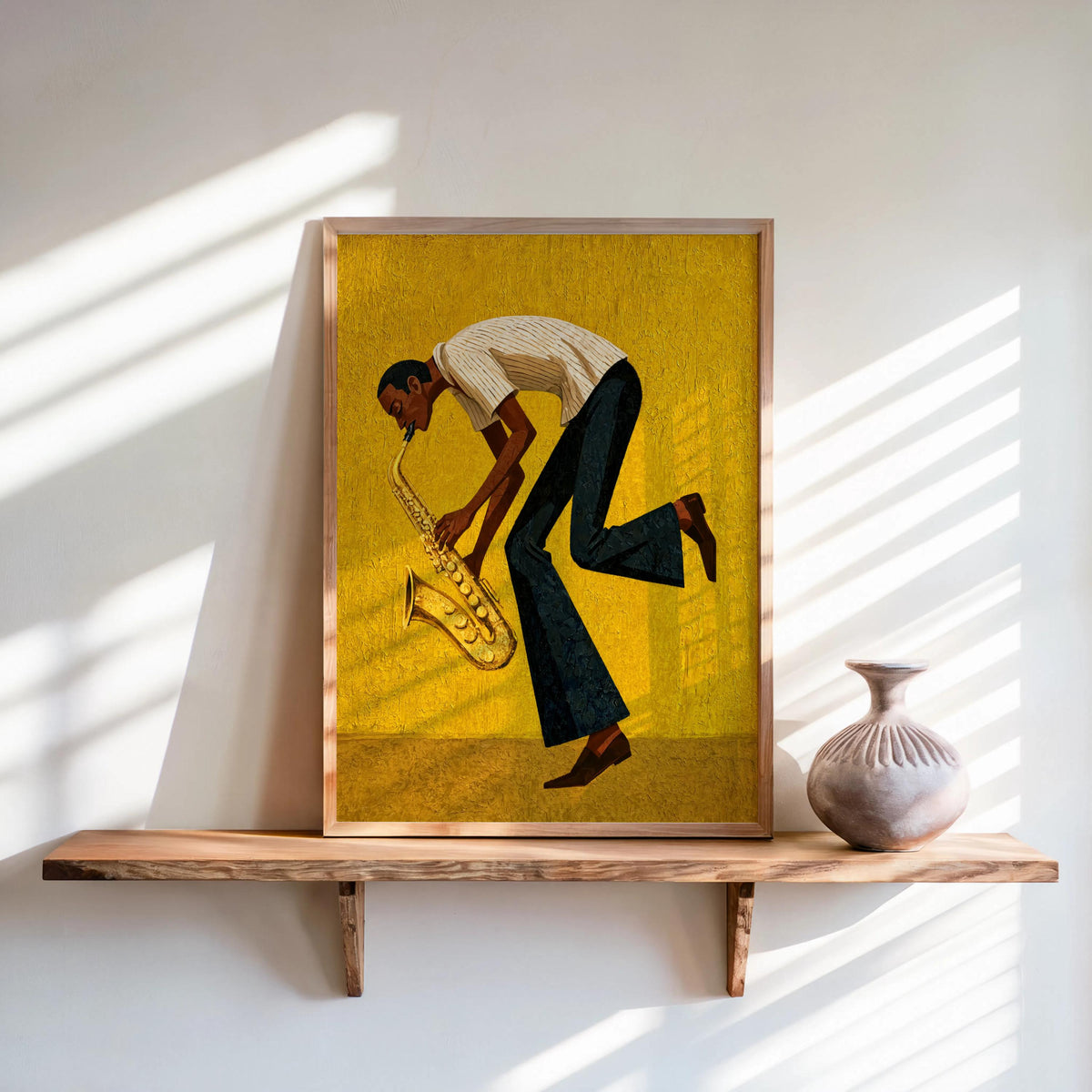 Sunlit shelf with framed mid century saxophone wall art, mustard yellow textured background, golden saxophone gleam