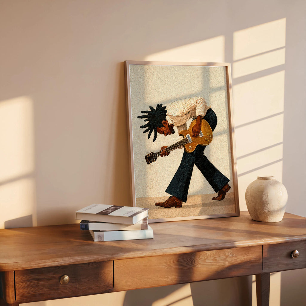 Cream background print on table, close angle, warm painterly texture, blues musician wall art, mid century modern