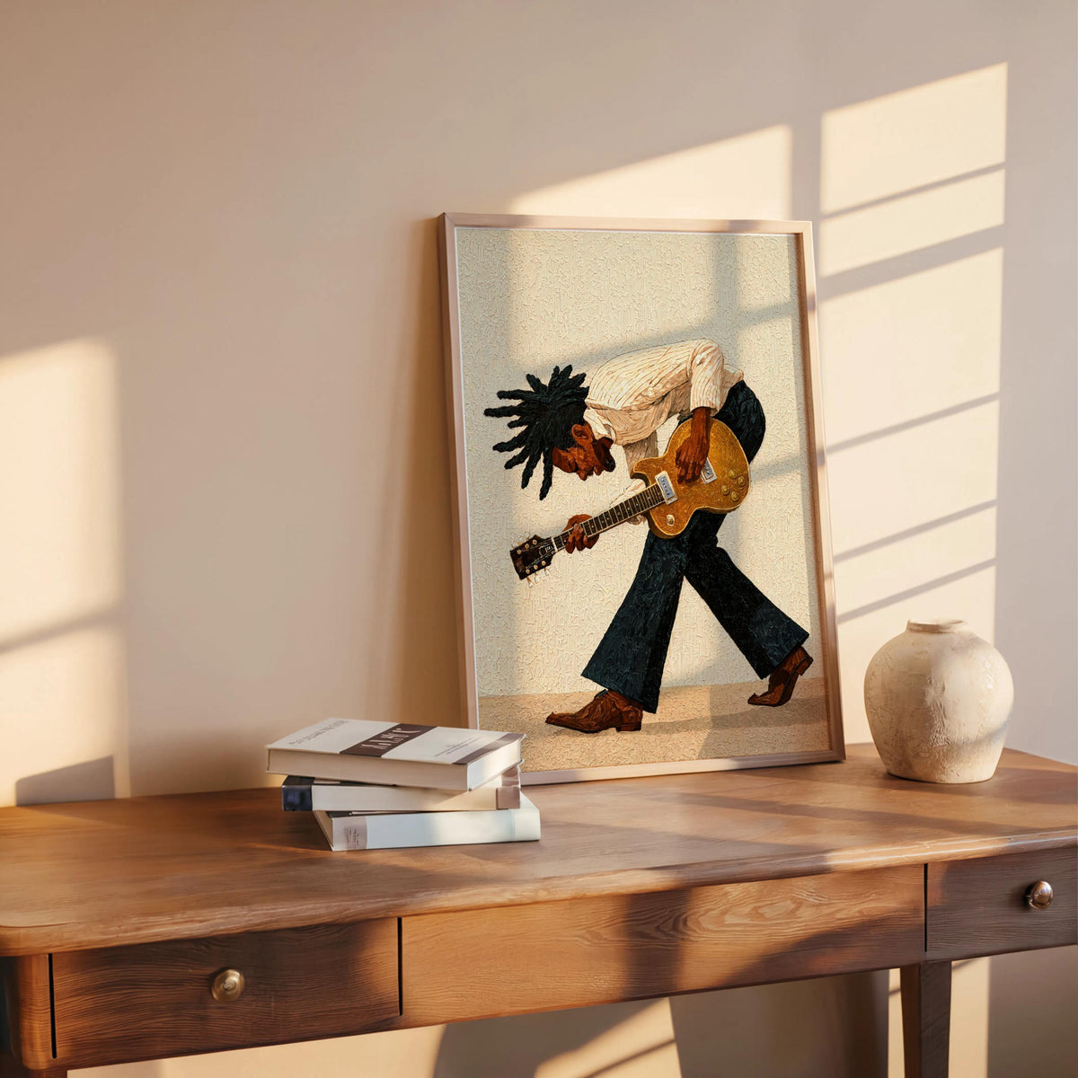 Cream background print on table, close angle, warm painterly texture, blues musician wall art, mid century modern