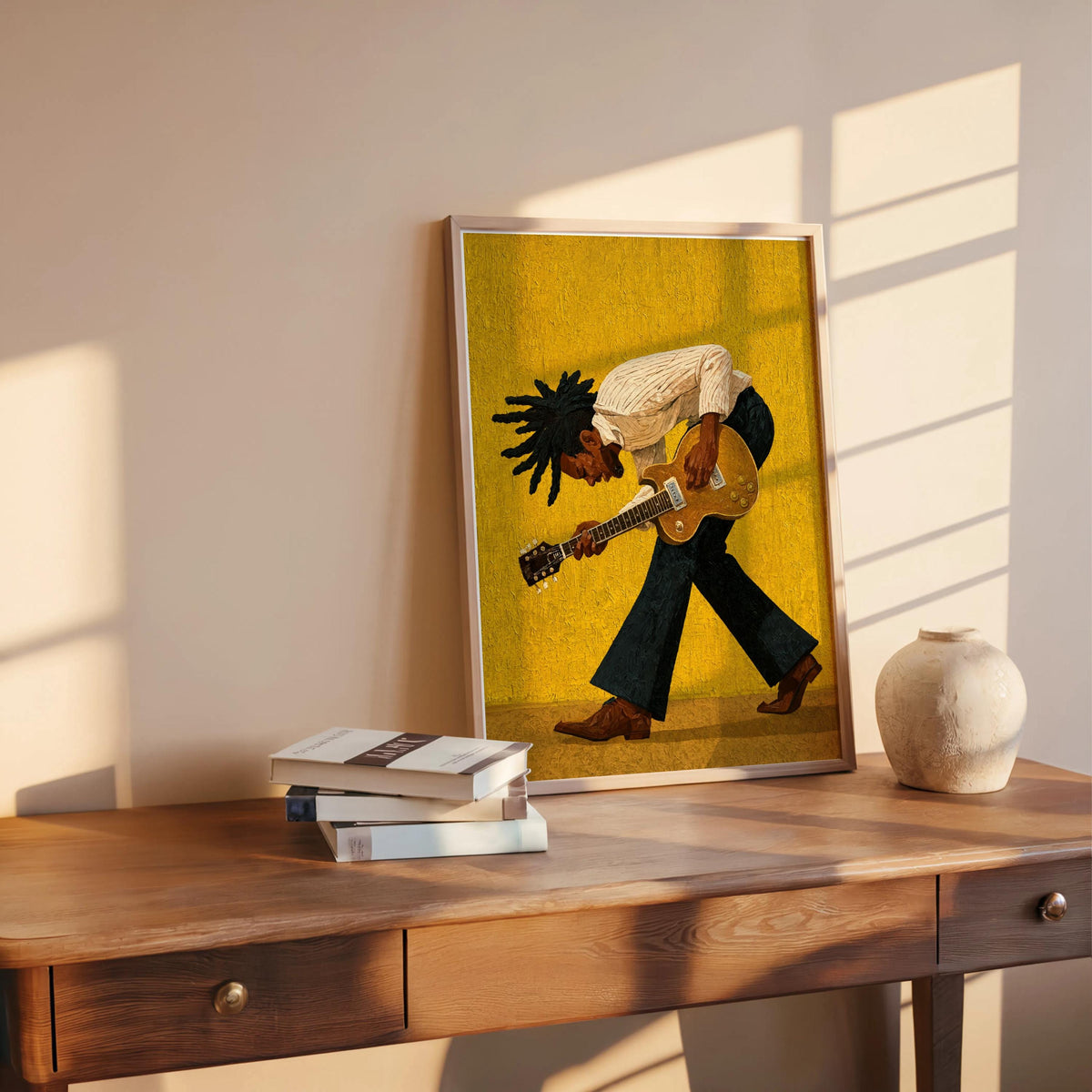 Yellow background print leaning on table, warm mid century modern tones, jazz guitarist art print, bold
