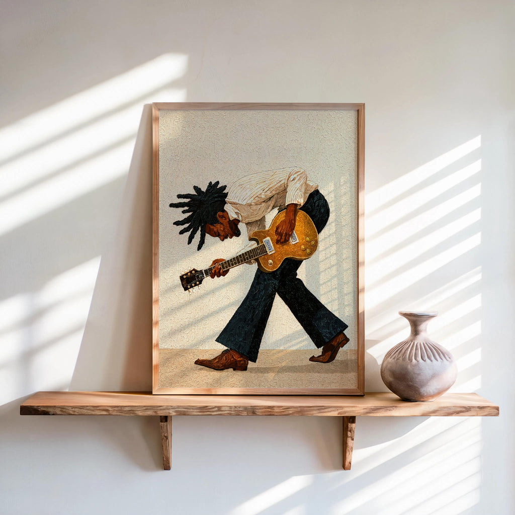 Neutral cream print on shelf, textured painterly strokes, jazz guitarist art print, Black musician wall art