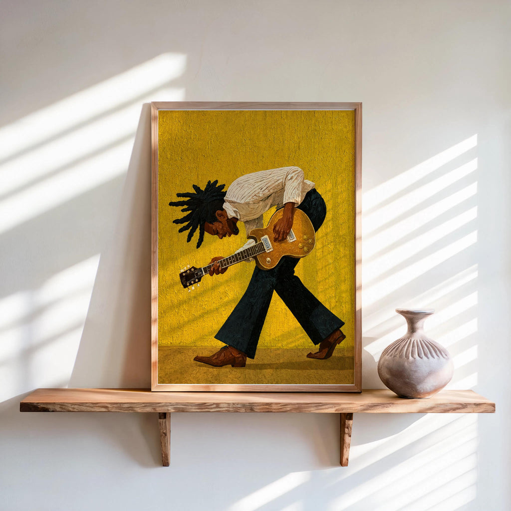 Bright yellow background framed print on shelf, guitarist mid century modern feel, Black musician wall art