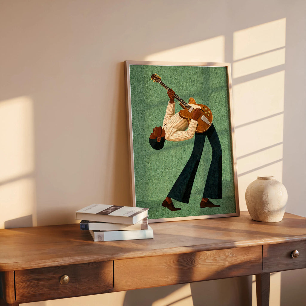 Retro Blues Music Poster, Jazz Guitarist Art Print, Afrocentric Musician Wall Decor Set, Eclectic African American Art, Black Culture Guitar