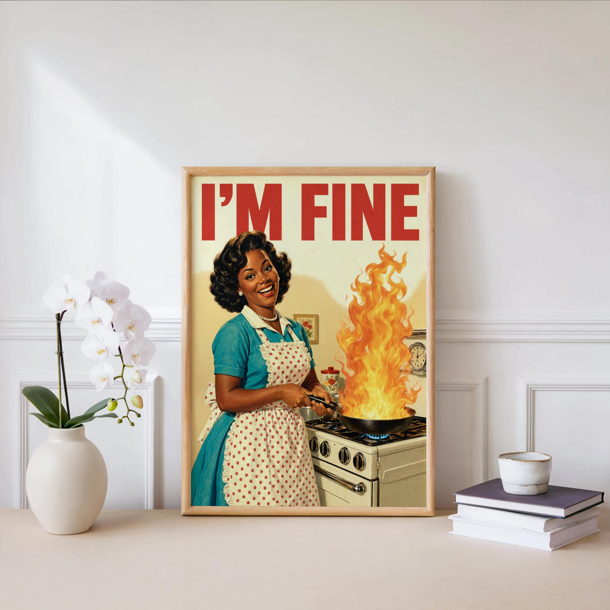 Retro Kitchen Wall Art, "I'm Fine" Funny Black Woman Print, Vintage 1950s Cooking Decor, Sarcastic Afrocentric Relatable Illustration