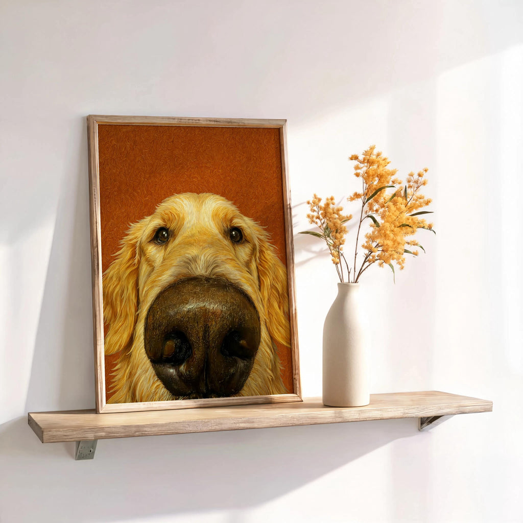 Shelf display with rust background print and vase, quirky dog portrait golden retriever nose art styled