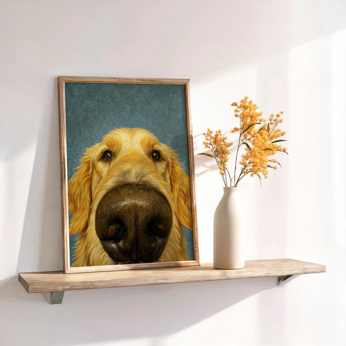 Decor shelf with blue-backed print and vase, humorous dog nose wall art, great funny golden retriever gift