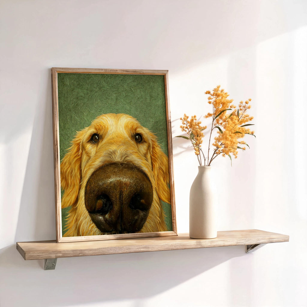 Shelf styling with green background print and dried stems, funny dog wall art golden retriever close up