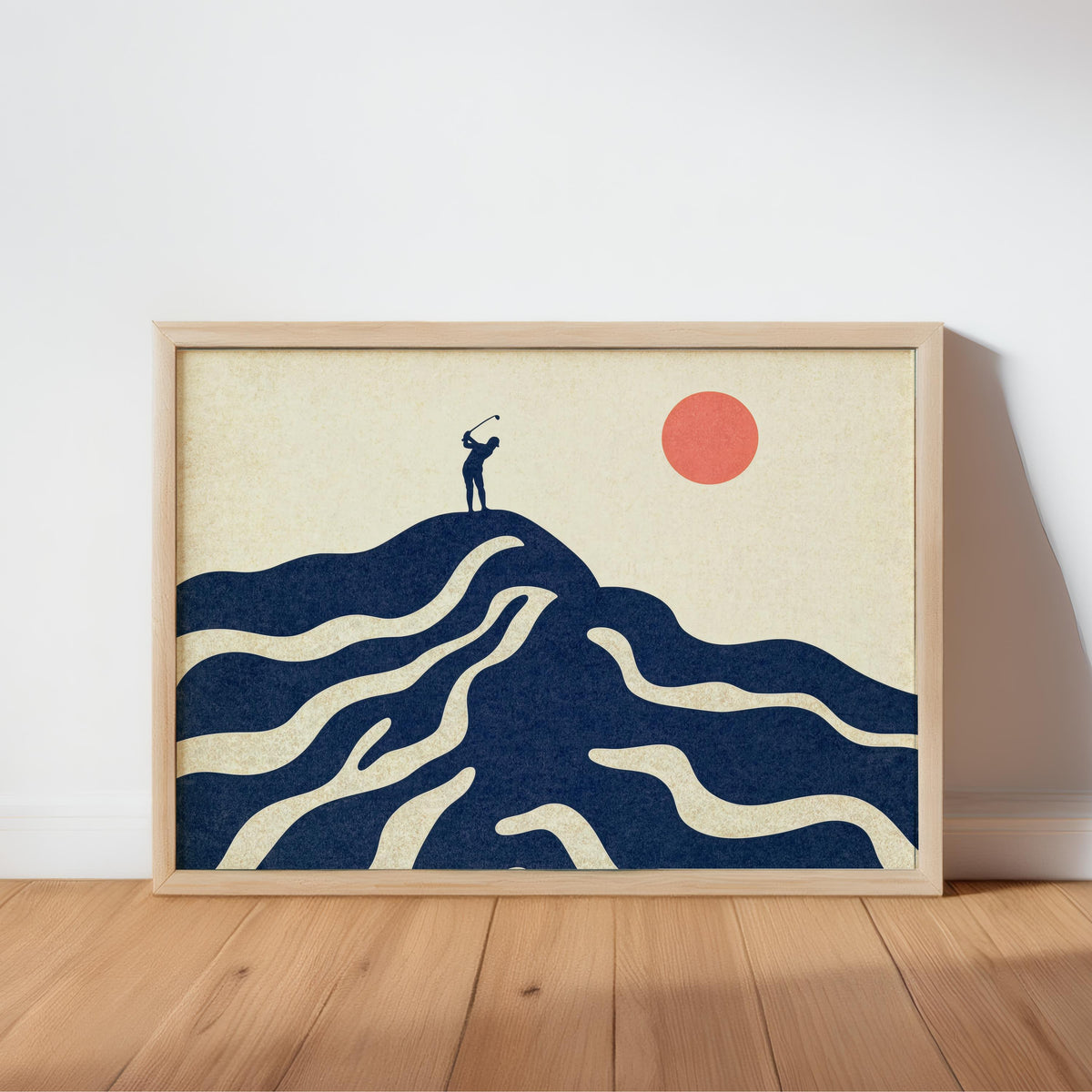 Navy mid century golf art print, abstract rolling fairways, tiny golfer silhouette, blush sun, wood frame