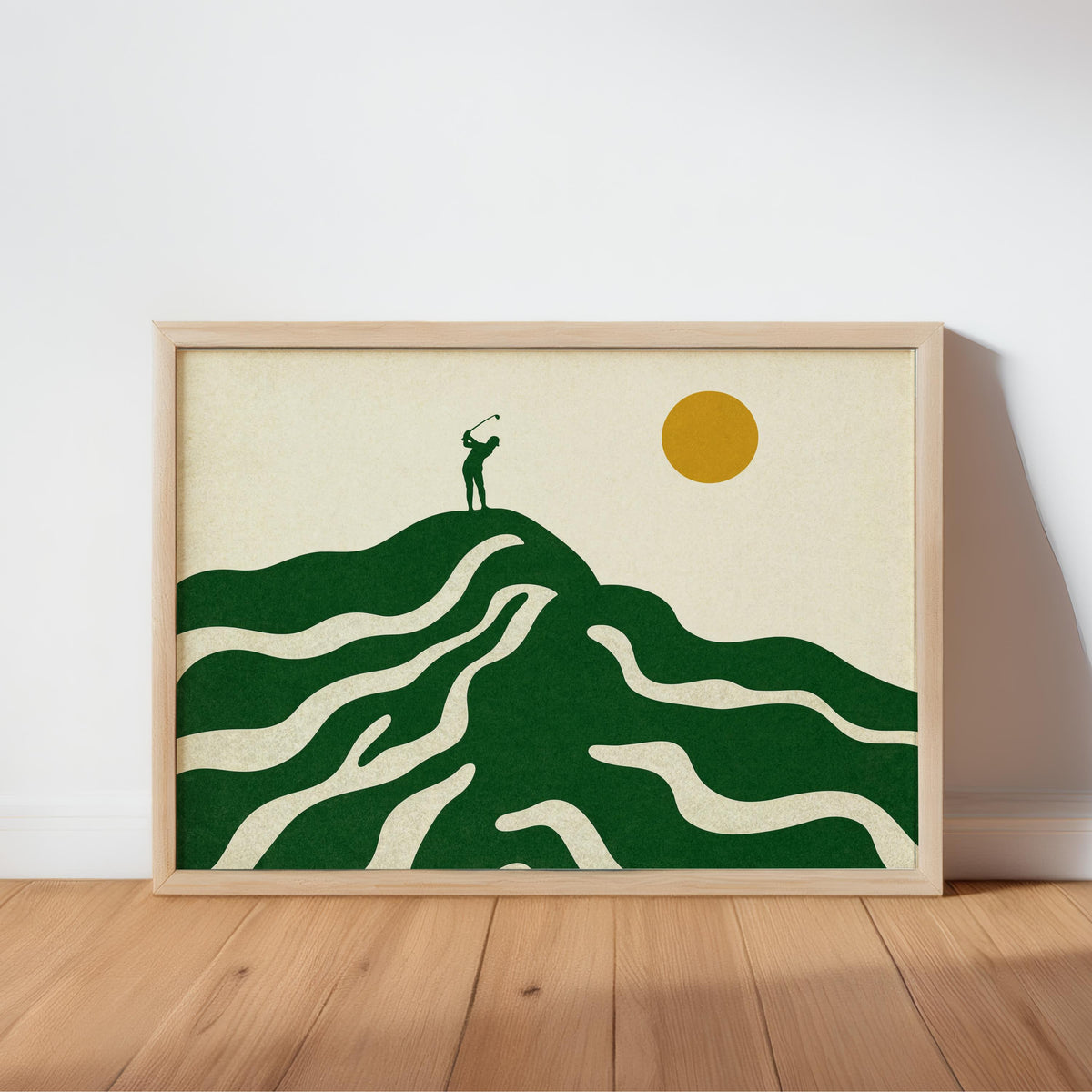 Framed mid century golf art print in green, layered fairway lines, tiny golfer silhouette, yellow sun