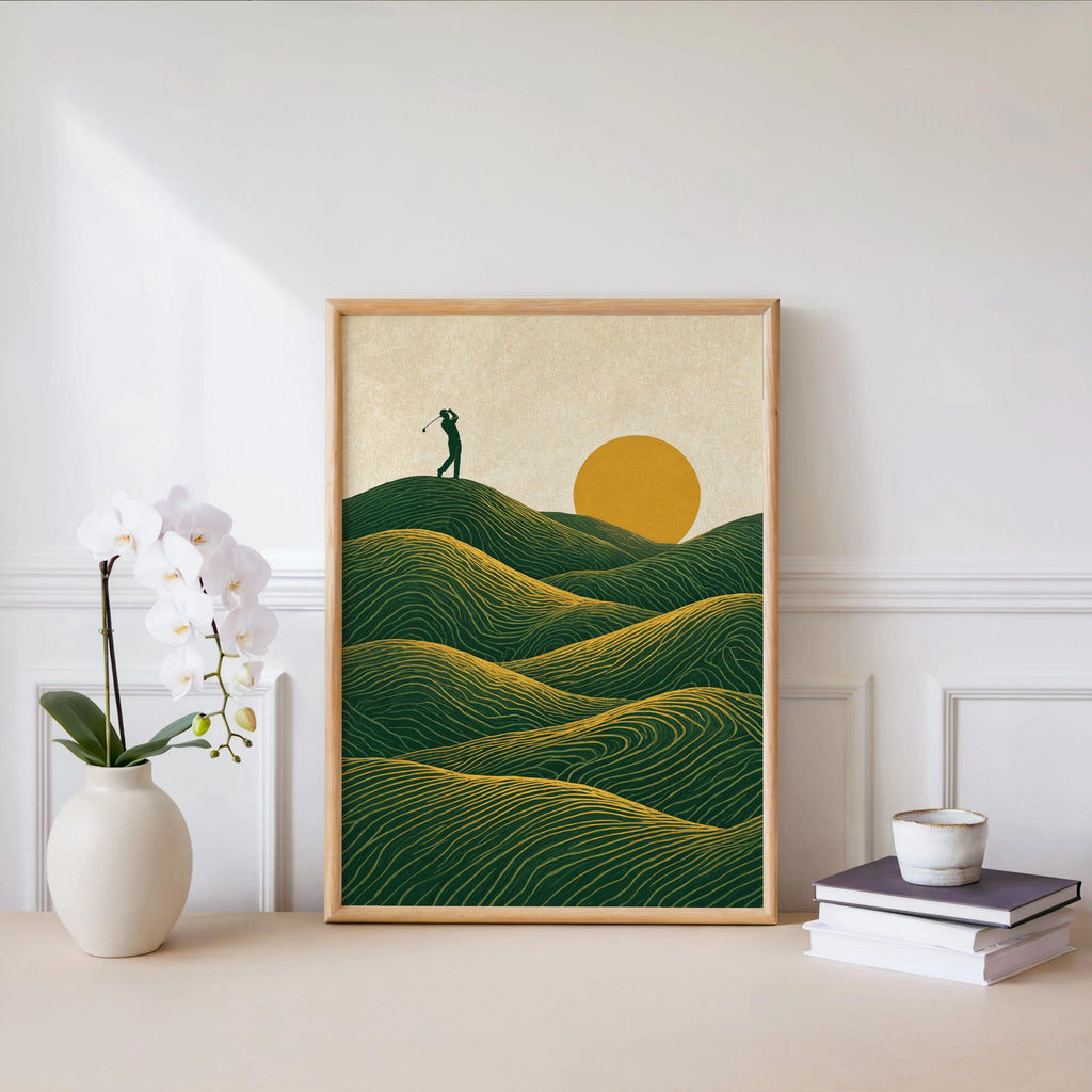 Sunset Golf Course Wall Art, Vintage Golfer Poster, Rolling Green Hills Landscape Print, Country Club Decor, Mid Century Line Illustration