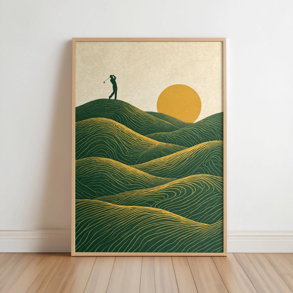 Sunset Golf Course Wall Art, Vintage Golfer Poster, Rolling Green Hills Landscape Print, Country Club Decor, Mid Century Line Illustration