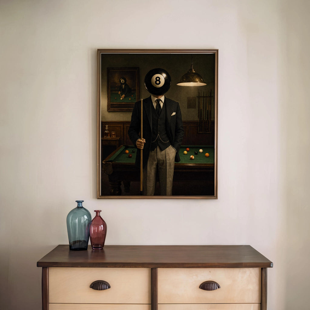 Pool Ball Head Print, Vintage Mid Century Surrealism Art, Retro 80s Western Poster, Snooker Player Decor, Surreal Billiards Man Cave Canvas