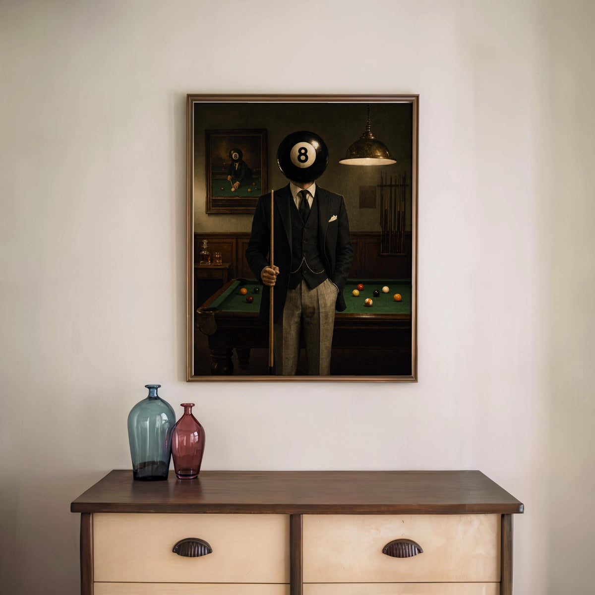 Pool Ball Head Print, Vintage Mid Century Surrealism Art, Retro 80s Western Poster, Snooker Player Decor, Surreal Billiards Man Cave Canvas