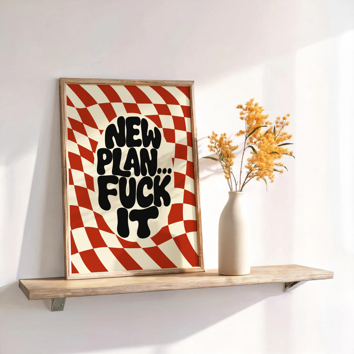 New Plan Funny Quote Wall Art Print, Retro Checkerboard Typography Poster, Groovy Sarcastic Home Decor, Trendy Dorm Room Gift