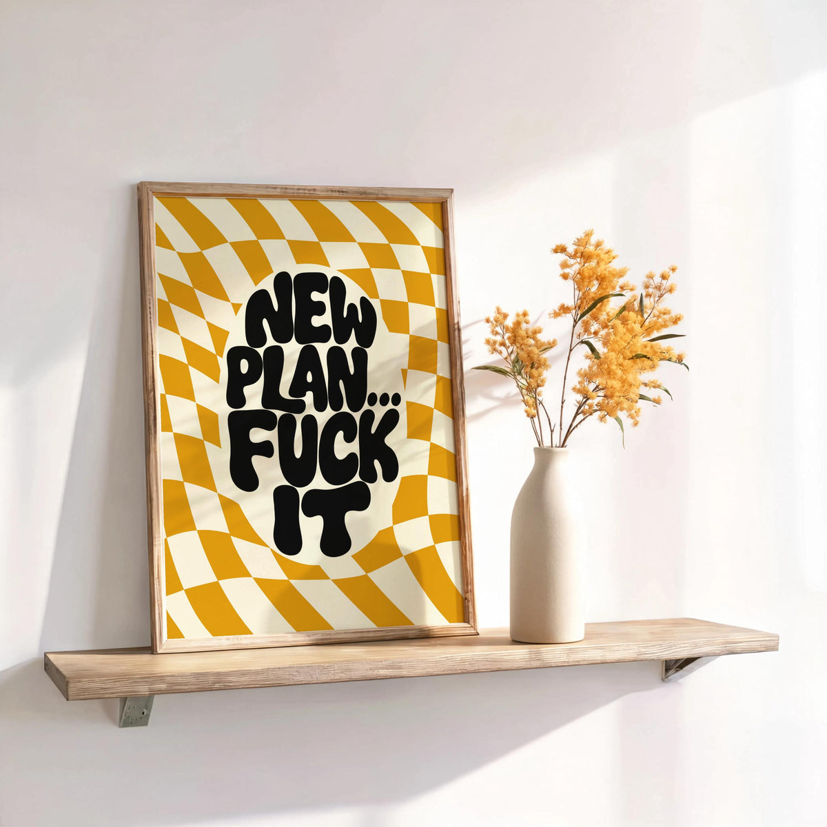 New Plan Funny Quote Wall Art Print, Retro Checkerboard Typography Poster, Groovy Sarcastic Home Decor, Trendy Dorm Room Gift