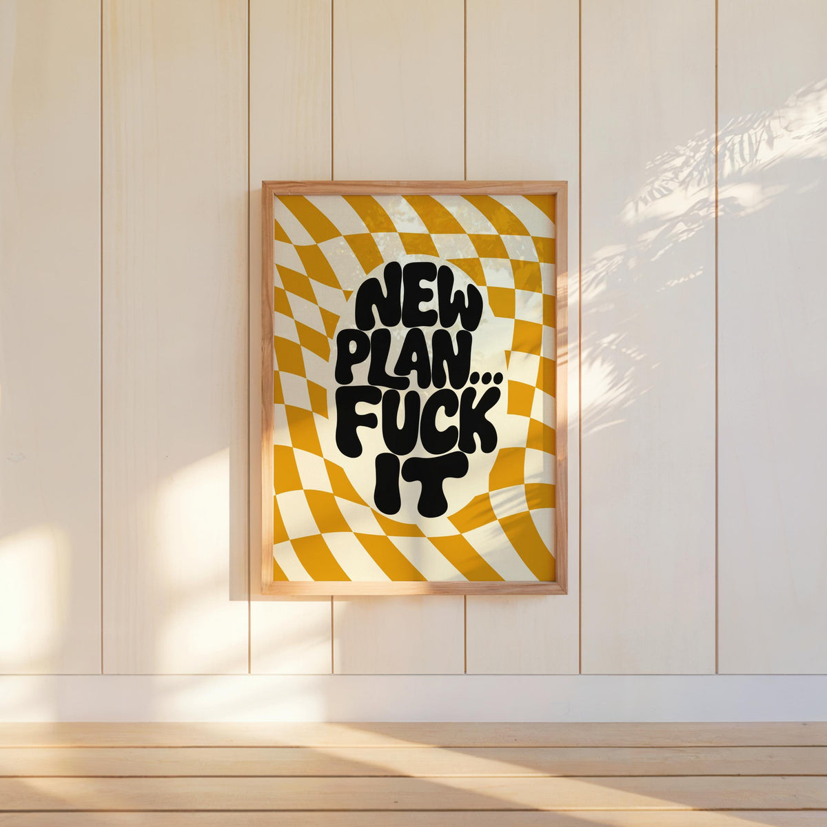 New Plan Funny Quote Wall Art Print, Retro Checkerboard Typography Poster, Groovy Sarcastic Home Decor, Trendy Dorm Room Gift
