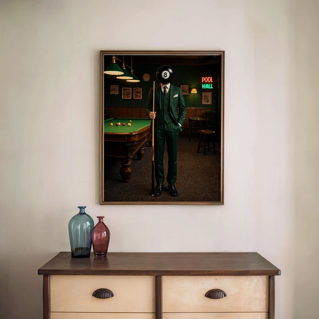 Surreal 8 Ball Wall Art, Vintage Billiards Print, Moody Pool Ball Head Poster, Funny Game Room Decor, Retro Western Snooker Artwork