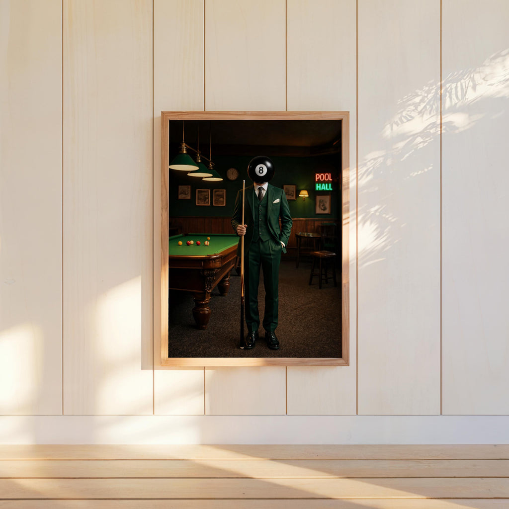 Surreal 8 Ball Wall Art, Vintage Billiards Print, Moody Pool Ball Head Poster, Funny Game Room Decor, Retro Western Snooker Artwork