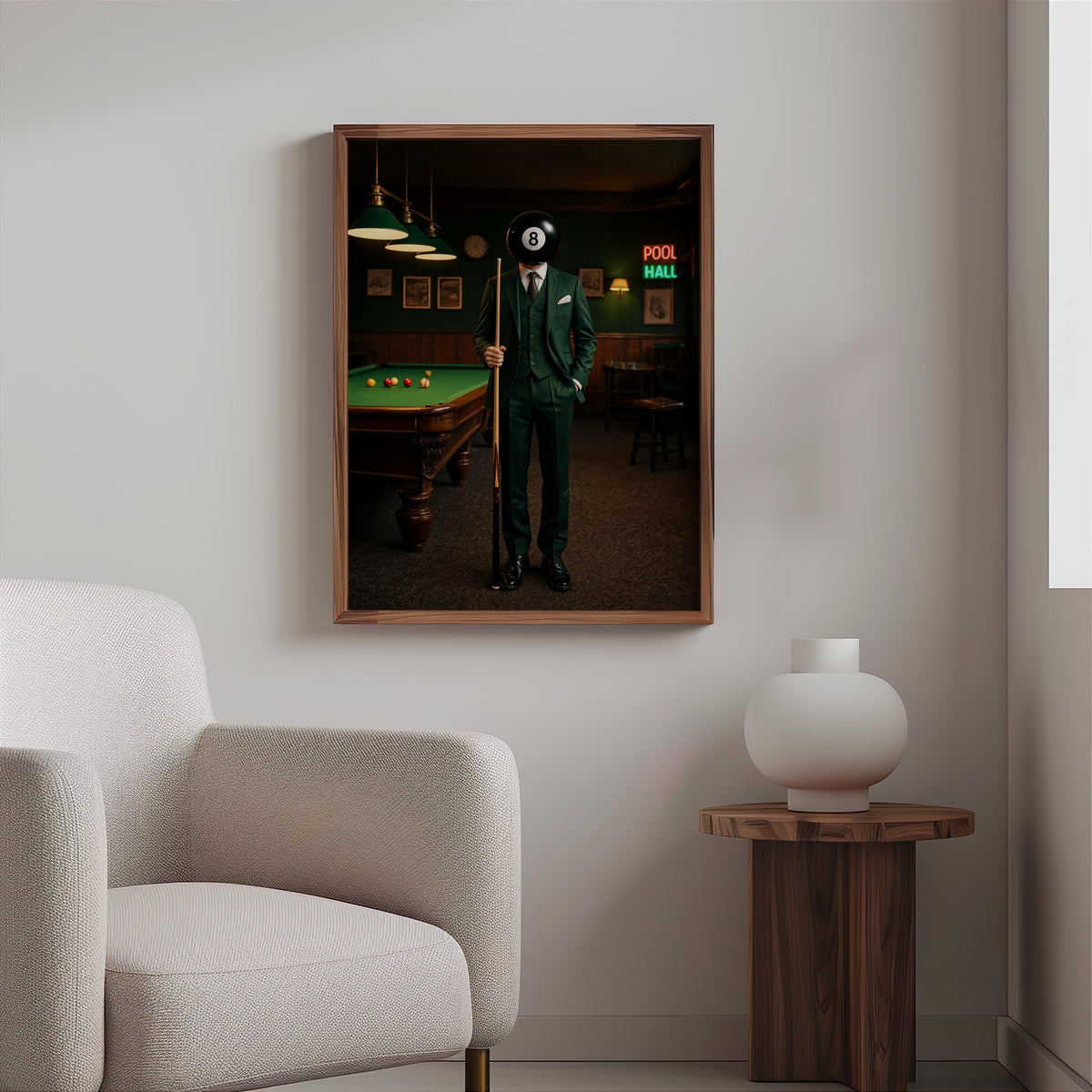 Surreal 8 Ball Wall Art, Vintage Billiards Print, Moody Pool Ball Head Poster, Funny Game Room Decor, Retro Western Snooker Artwork
