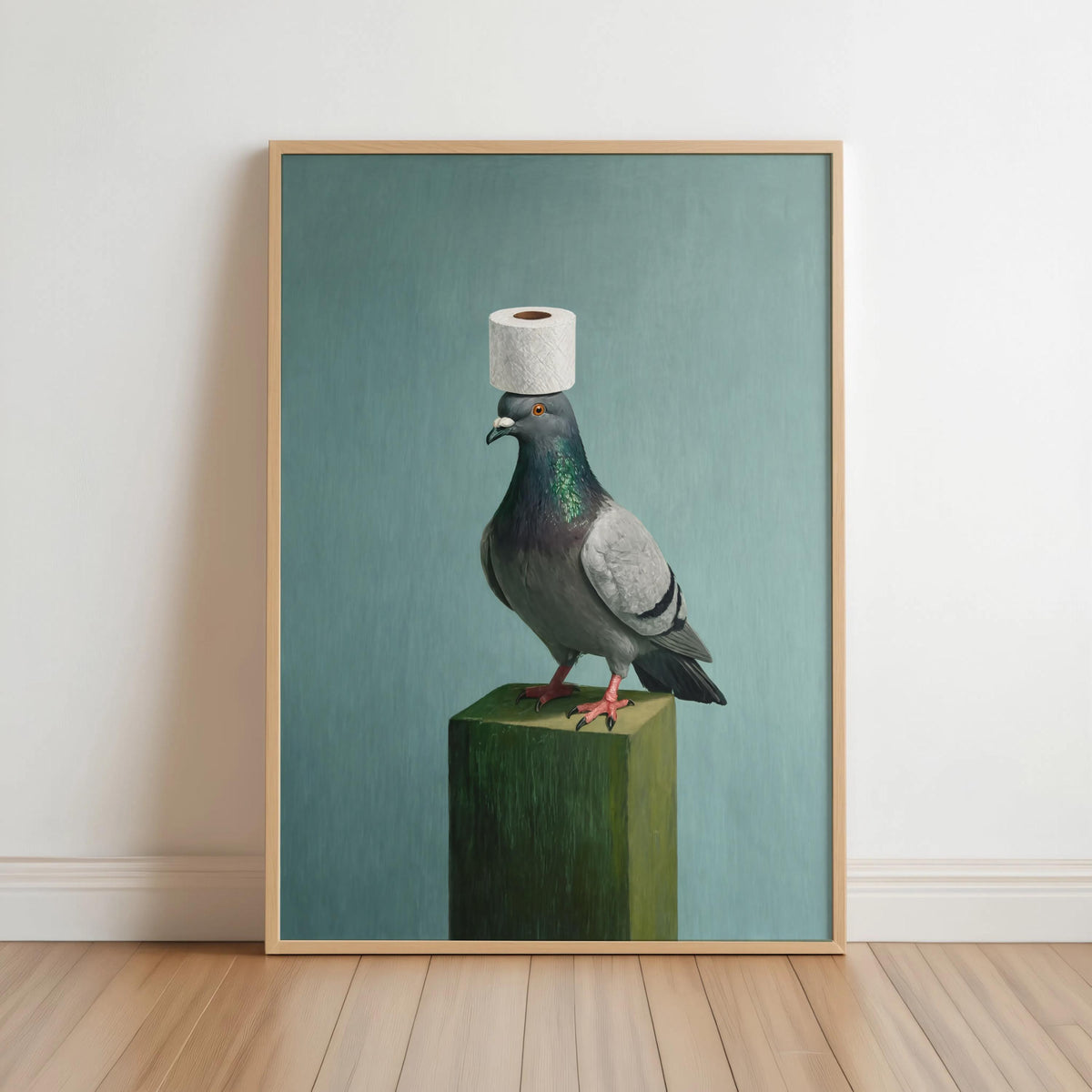 Framed mockup of funny pigeon wall art, pigeon wearing toilet paper roll on green pedestal, frame not included