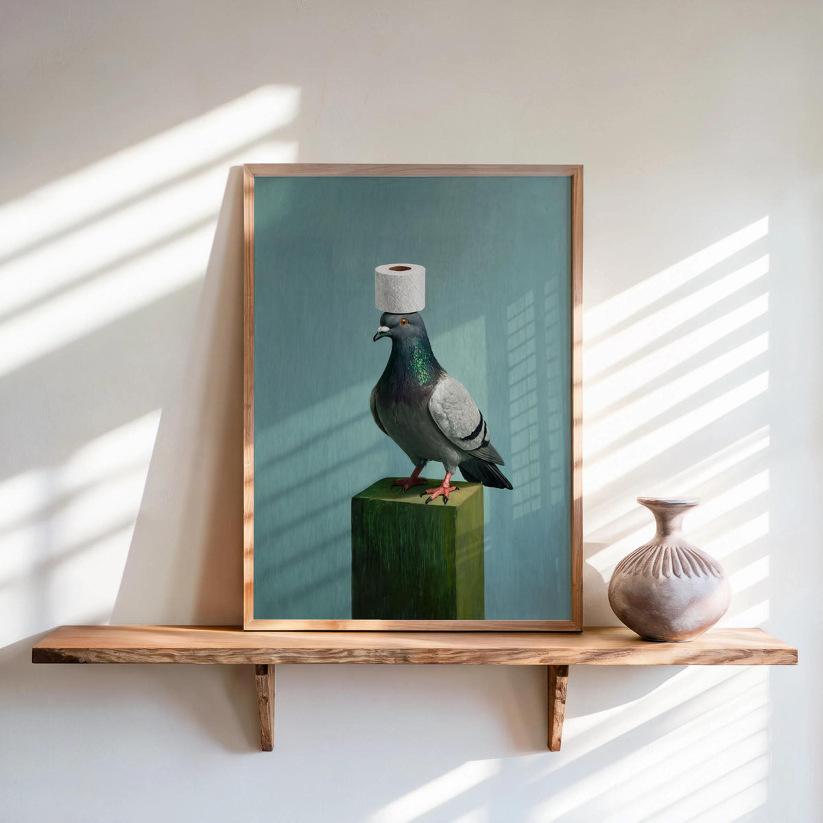 Sunlit shelf staging for funny pigeon wall art, quirky bird print with toilet humor, frame not included