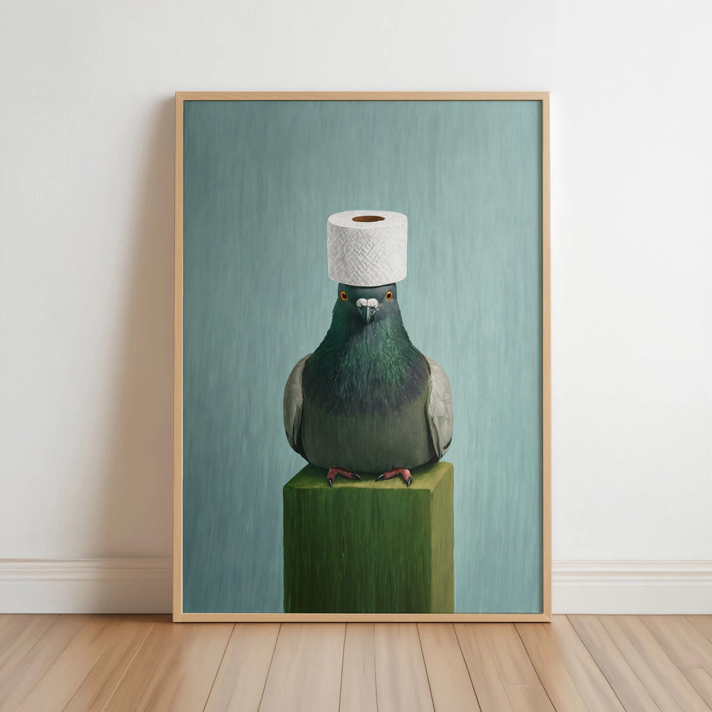 Stoic green-gray pigeon on a pedestal, toilet paper hat, muted teal and sage tones, funny pigeon bathroom wall art