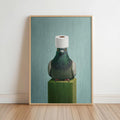 Stoic green-gray pigeon on a pedestal, toilet paper hat, muted teal and sage tones, funny pigeon bathroom wall art