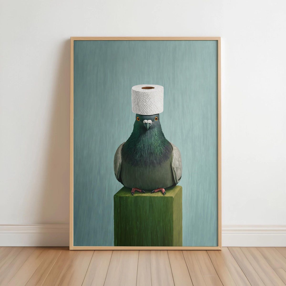 Stoic green-gray pigeon on a pedestal, toilet paper hat, muted teal and sage tones, funny pigeon bathroom wall art