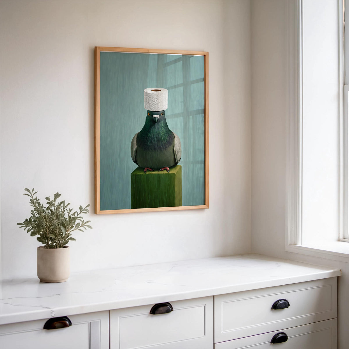 Bright bathroom-ready styling, pigeon centered on green pedestal, funny restroom decor with oddball charm
