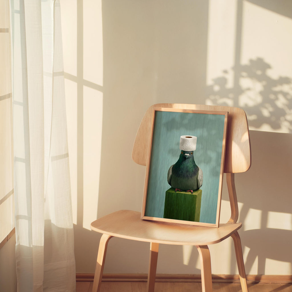 Small chair styling with pigeon print propped on seat, muted sage and teal hues, funny bathroom wall art vibe