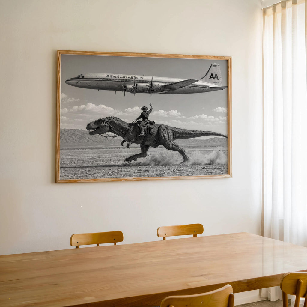 Vintage Cowboy Riding Dinosaur Poster, Retro Western Art Print, Surreal T-Rex in Desert, 1950s American Airlines Airplane Wall Decor