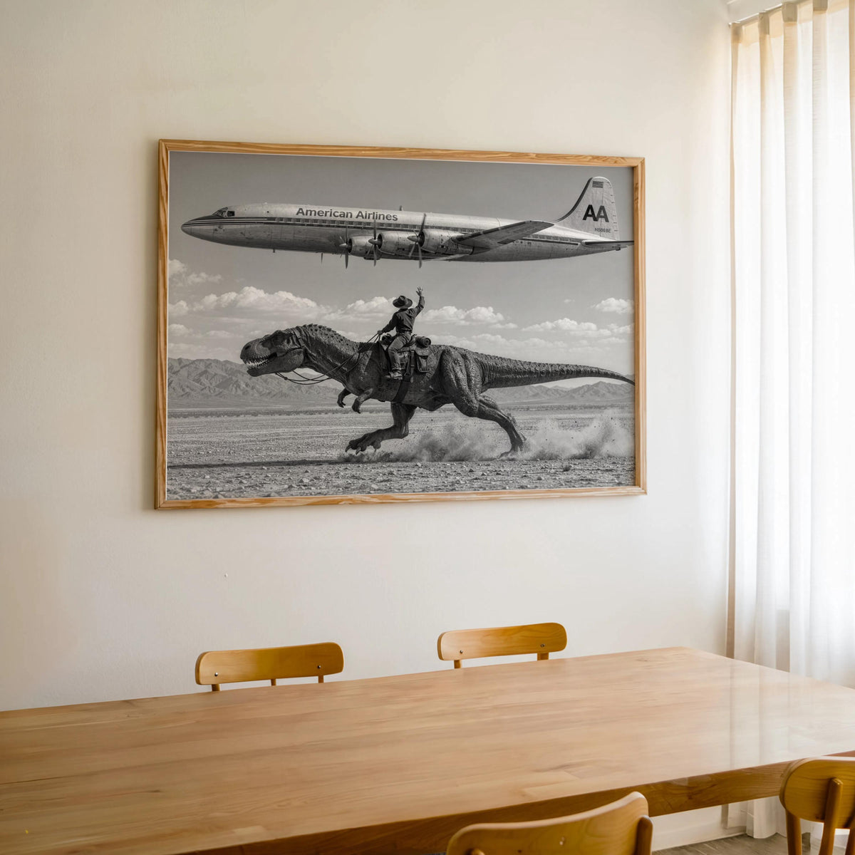 Vintage Cowboy Riding Dinosaur Poster, Retro Western Art Print, Surreal T-Rex in Desert, 1950s American Airlines Airplane Wall Decor
