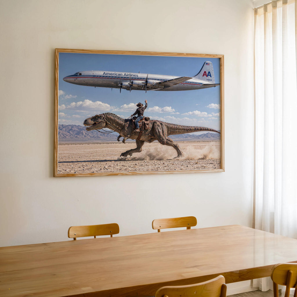 Vintage Cowboy Riding Dinosaur Poster, Retro Western Art Print, Surreal T-Rex in Desert, 1950s American Airlines Airplane Wall Decor