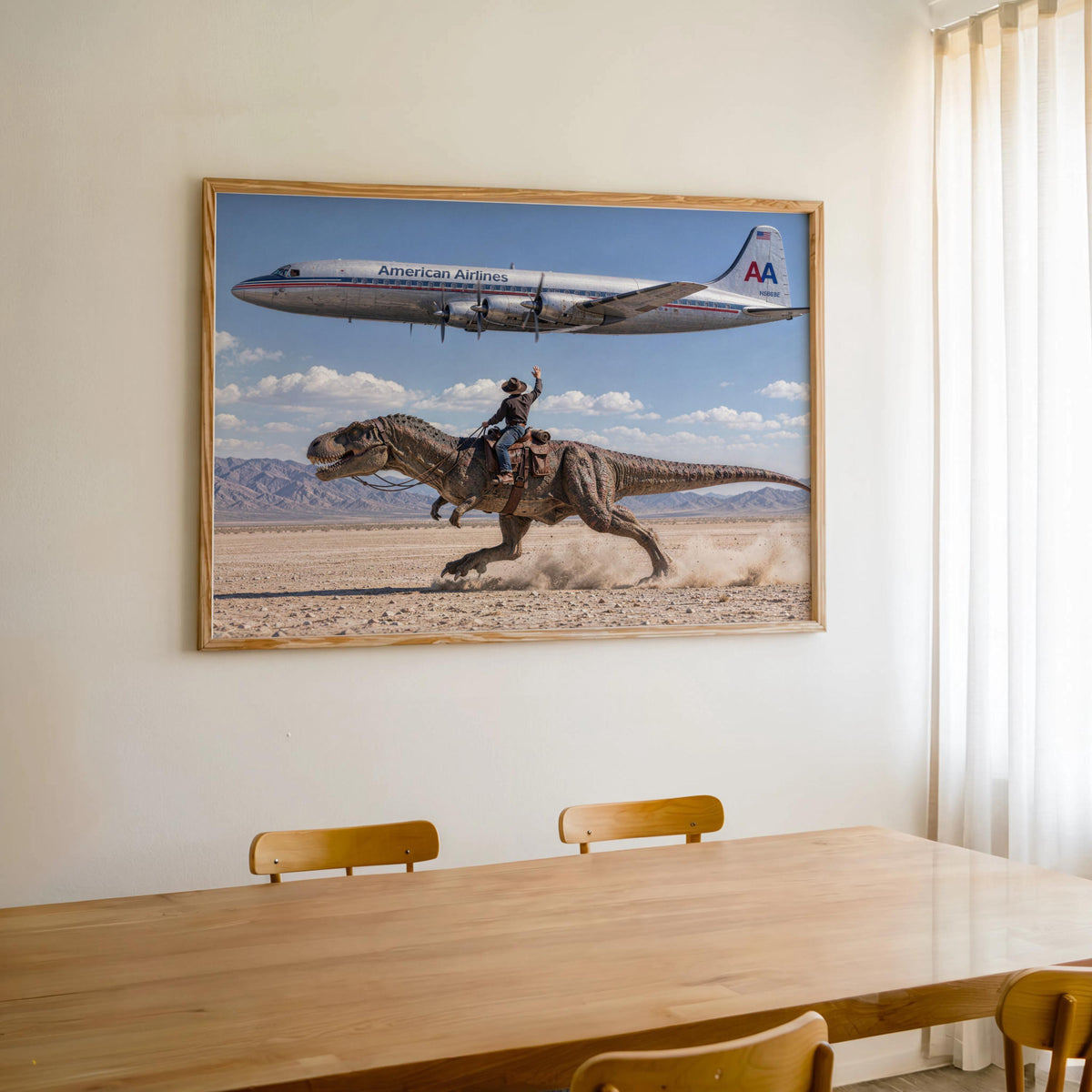 Vintage Cowboy Riding Dinosaur Poster, Retro Western Art Print, Surreal T-Rex in Desert, 1950s American Airlines Airplane Wall Decor