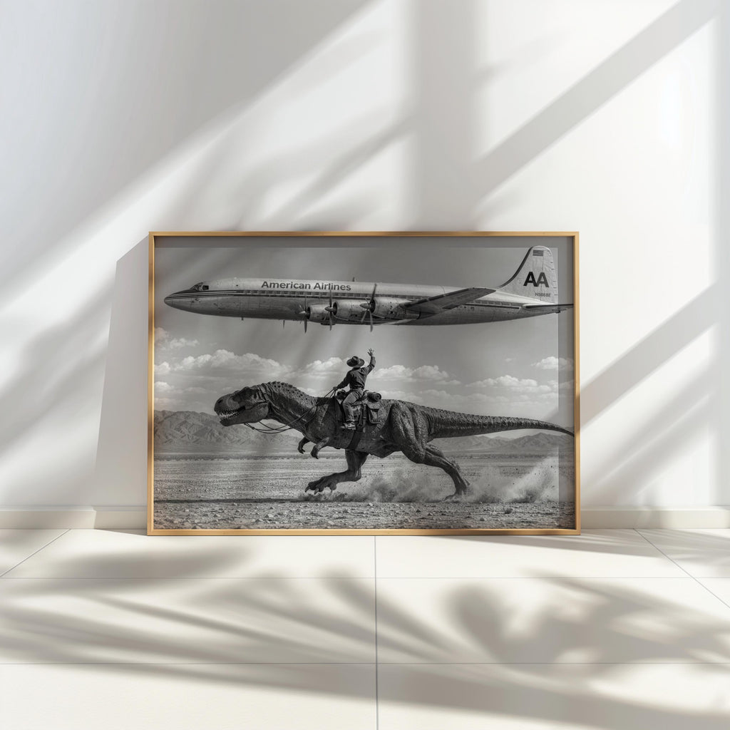 Vintage Cowboy Riding Dinosaur Poster, Retro Western Art Print, Surreal T-Rex in Desert, 1950s American Airlines Airplane Wall Decor