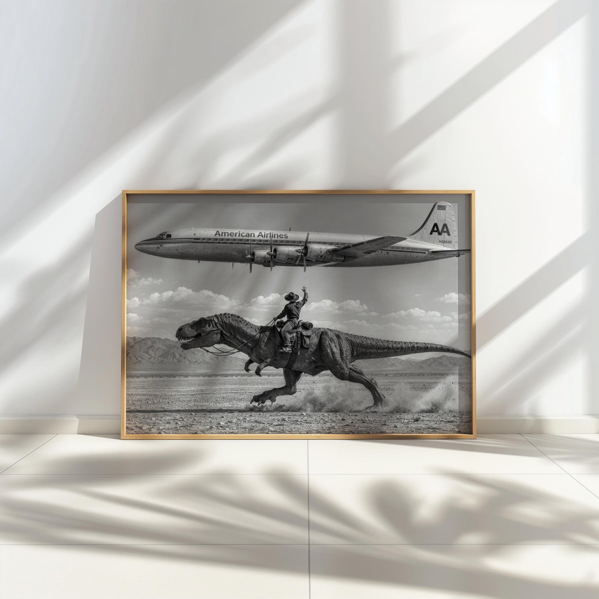 Vintage Cowboy Riding Dinosaur Poster, Retro Western Art Print, Surreal T-Rex in Desert, 1950s American Airlines Airplane Wall Decor