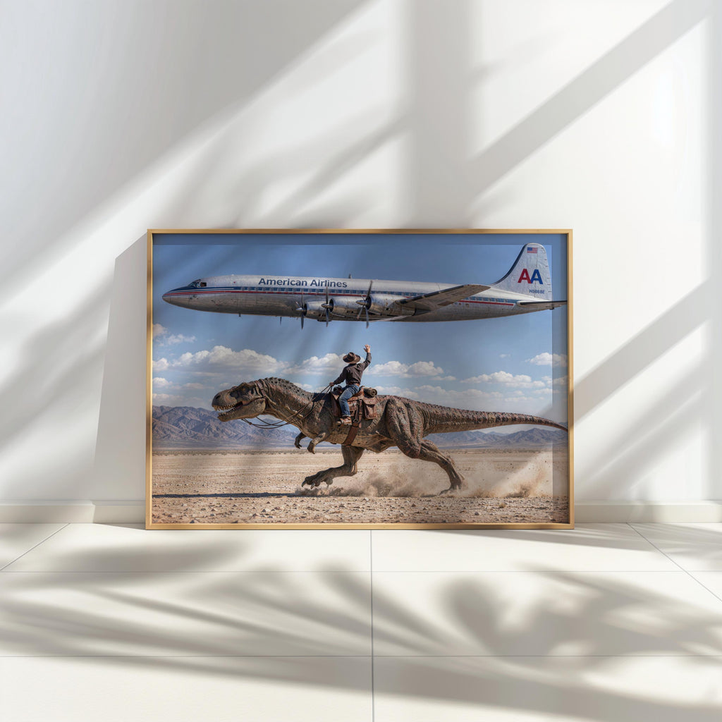 Vintage Cowboy Riding Dinosaur Poster, Retro Western Art Print, Surreal T-Rex in Desert, 1950s American Airlines Airplane Wall Decor