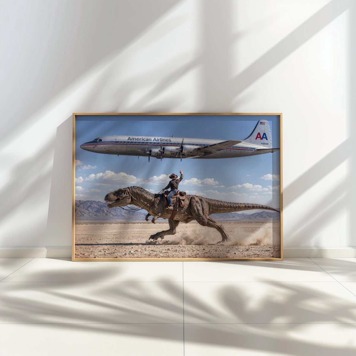 Vintage Cowboy Riding Dinosaur Poster, Retro Western Art Print, Surreal T-Rex in Desert, 1950s American Airlines Airplane Wall Decor