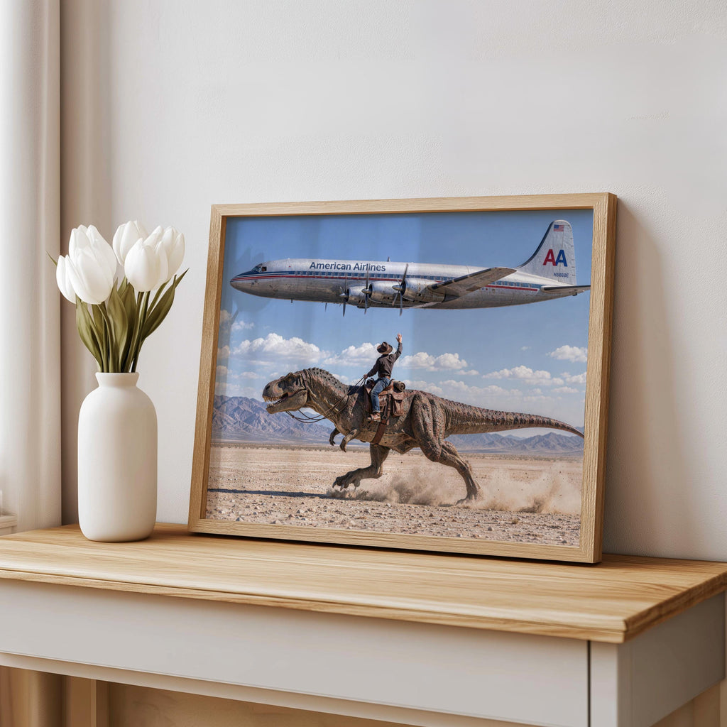 Vintage Cowboy Riding Dinosaur Poster, Retro Western Art Print, Surreal T-Rex in Desert, 1950s American Airlines Airplane Wall Decor