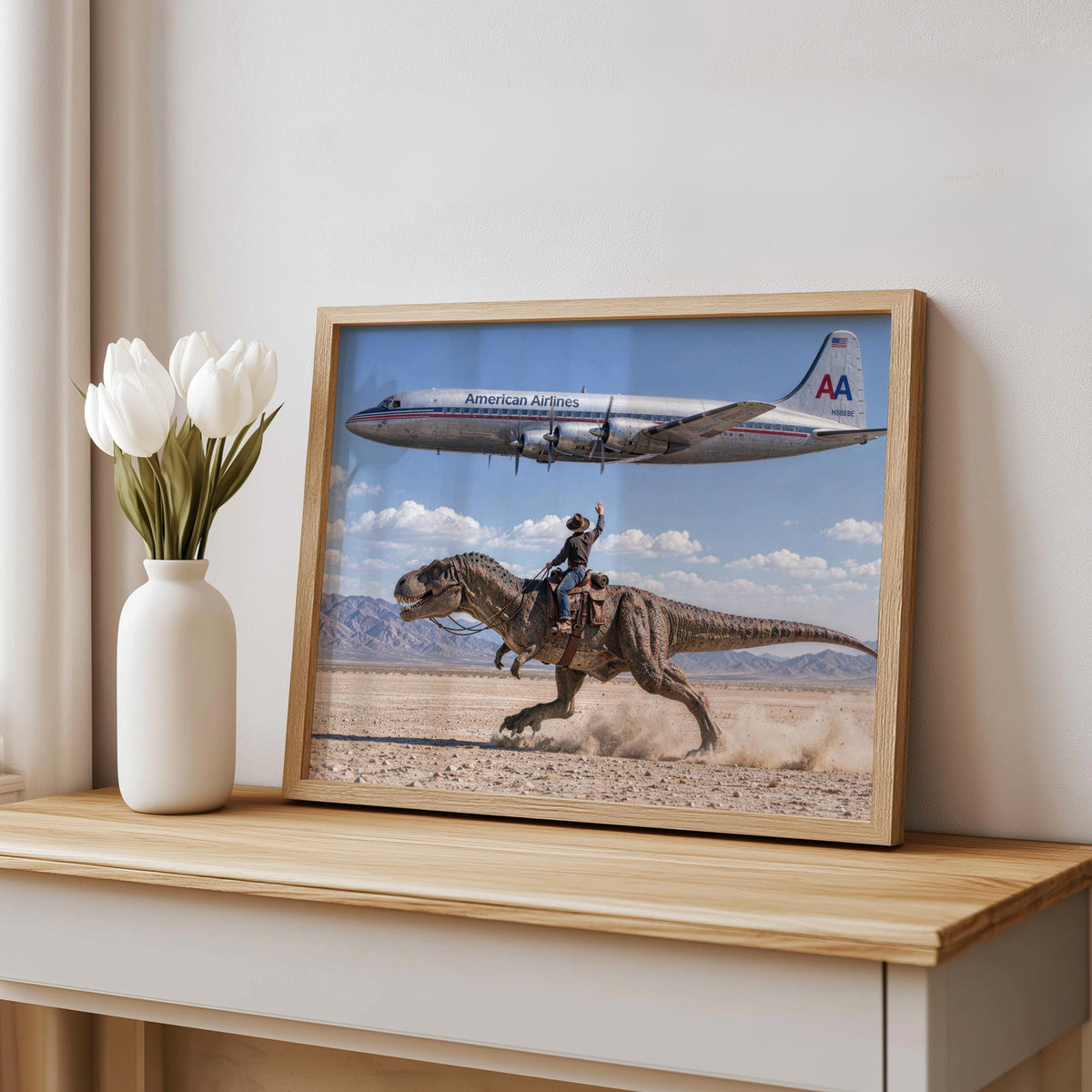 Vintage Cowboy Riding Dinosaur Poster, Retro Western Art Print, Surreal T-Rex in Desert, 1950s American Airlines Airplane Wall Decor