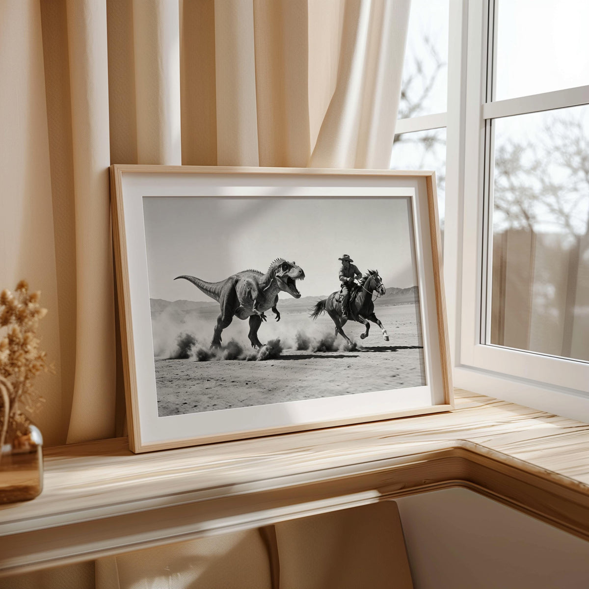 Cowboy Riding from Dinosaur Print, Vintage Western Fantasy Wall Art, Black and White 1950s Photography Poster, Funny Hunting Photo