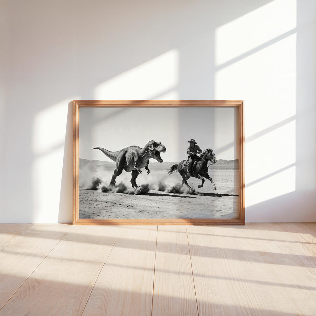 Cowboy Riding from Dinosaur Print, Vintage Western Fantasy Wall Art, Black and White 1950s Photography Poster, Funny Hunting Photo