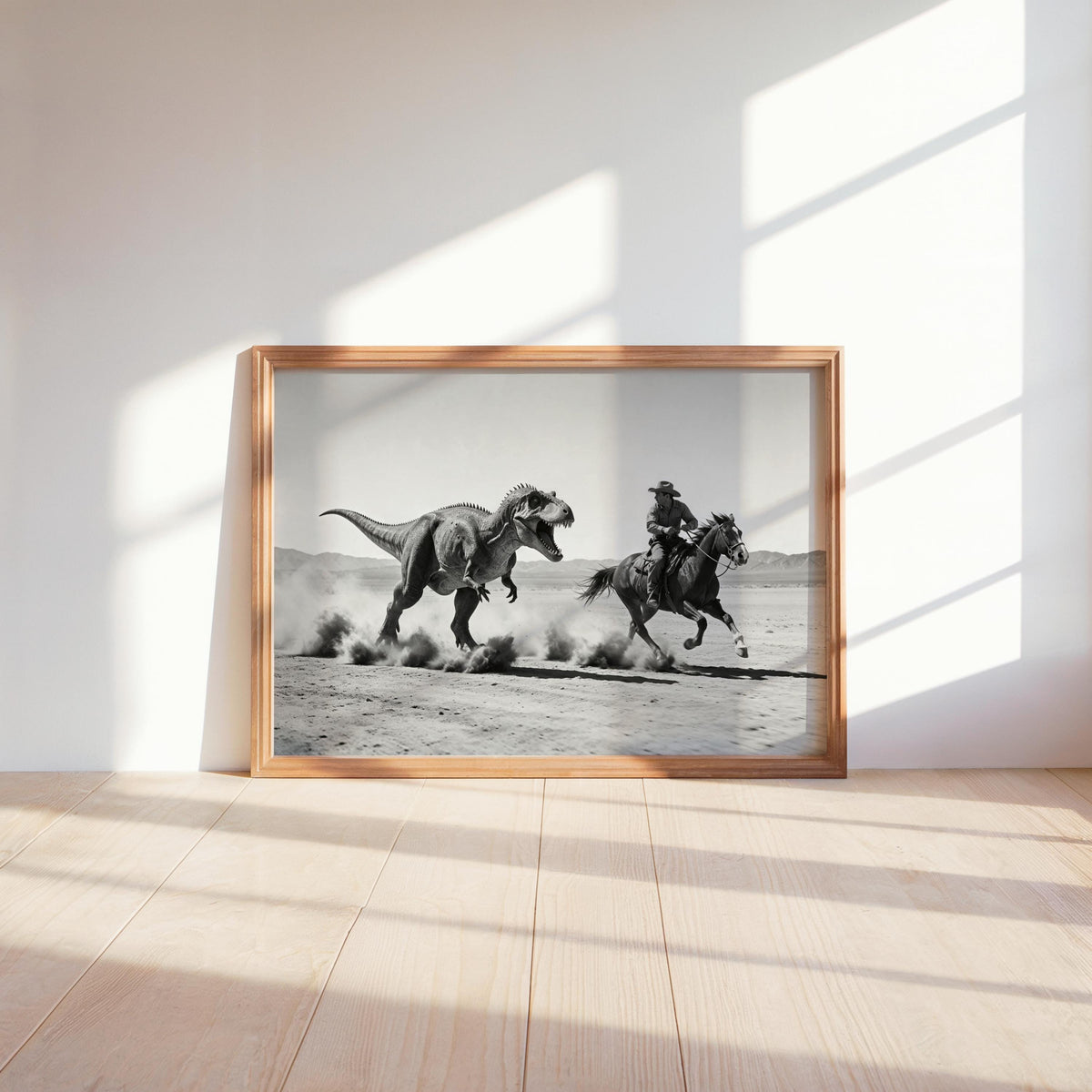 Cowboy Riding from Dinosaur Print, Vintage Western Fantasy Wall Art, Black and White 1950s Photography Poster, Funny Hunting Photo