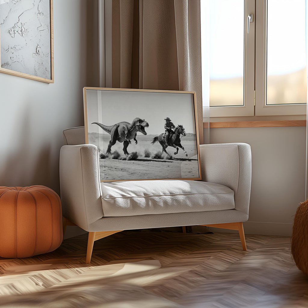 Cowboy Riding from Dinosaur Print, Vintage Western Fantasy Wall Art, Black and White 1950s Photography Poster, Funny Hunting Photo