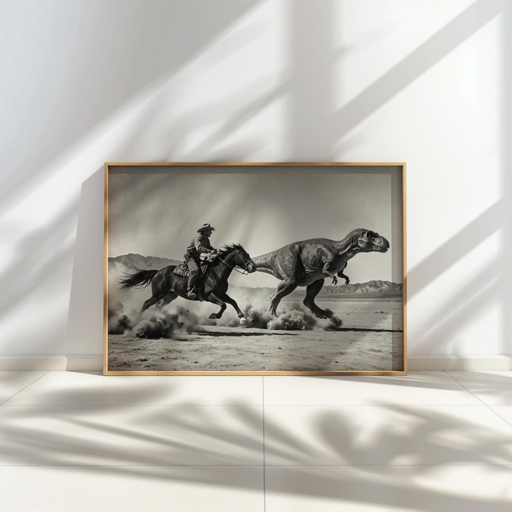 Minimalist sunlit corner with framed black and white dinosaur cowboy wall art, high contrast shadows, retro frontier mood