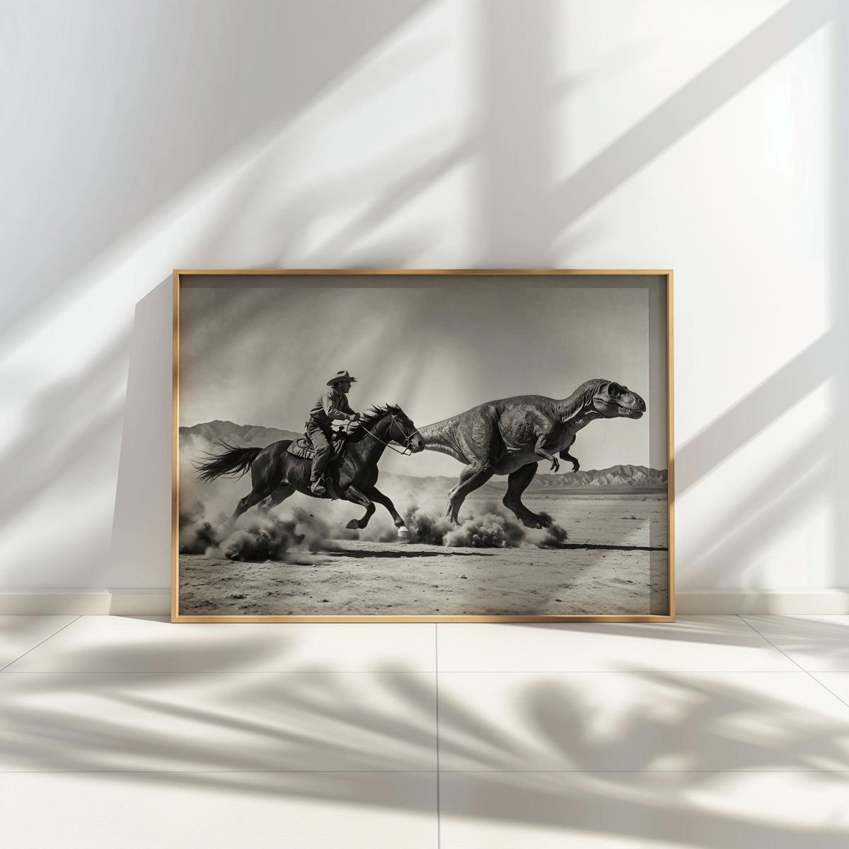 Minimalist sunlit corner with framed black and white dinosaur cowboy wall art, high contrast shadows, retro frontier mood