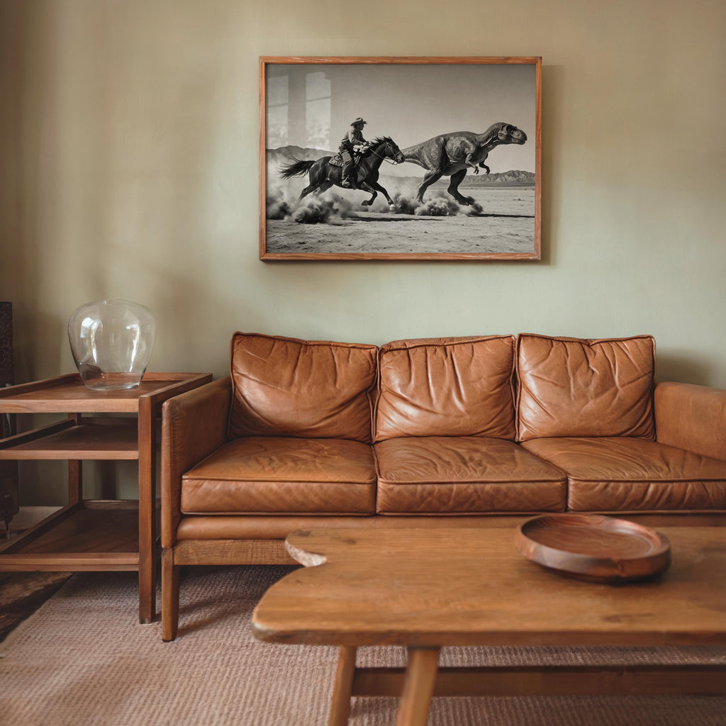 Warm living room with leather sofa, dinosaur western wall decor centered above couch, cinematic movement in black and white