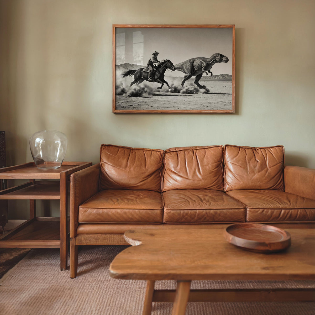 Warm living room with leather sofa, dinosaur western wall decor centered above couch, cinematic movement in black and white