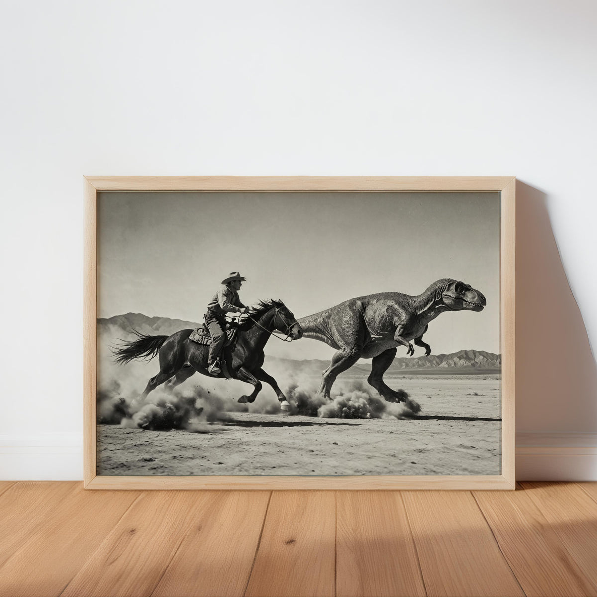 Framed black and white dinosaur cowboy wall art leaning against white wall, wooden frame, dusty desert panorama
