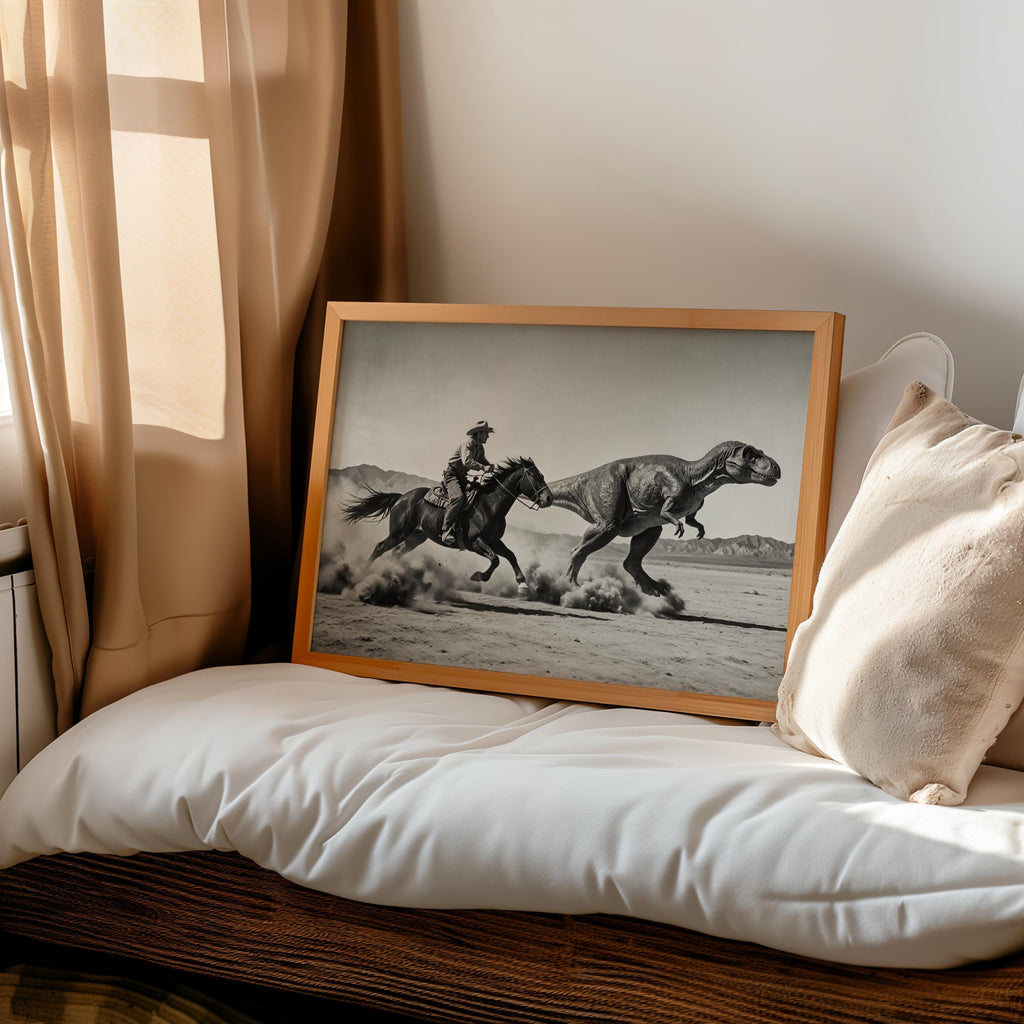 Framed dinosaur cowboy wall art propped on a cozy bed, neutral linens and woven textures, cinematic black and white scene